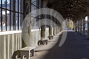 The pushy apron of the railway station is decorated in retro style, steel supports on rivets and a steel roof frame