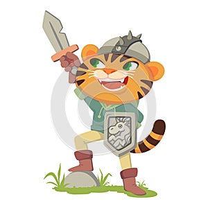 Puss in boots fairy tale character. Tiger with a sword, shield and helmet. Cat in a costume of a medieval warrior, knight. Vector