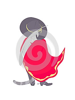 Puss cat in boots wearing red cape and big hat with long bird plume. Backside view. Vector illustration.Cartoon style.