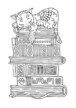 The pussy is sleeping on a stack of books.