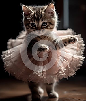 Pussycat in ballerina tutu dress, dancing in studio. Generative Ai photo