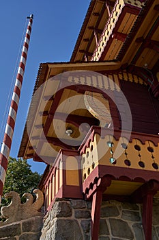 Pustevny, Czech Republic - September 29, 2023 - typical wooden buildings built in traditional folk style