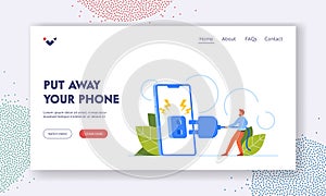 Put Away your Phone Landing Page Template. Tiny Male Character Disconnecting From Huge Mobile photo