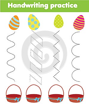 Put Easter eggs in basket. handwriting practice sheet. Educational children game. Preschool Tracing for kids and toddlers