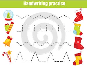 Put gifts in Christmas stockings. handwriting practice sheet. Educational children game. Preschool Tracing for kids and toddlers