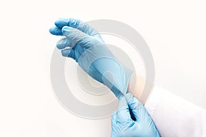 Put Medical glove. Surgery doctor hand. Medicine healthcare operation equipment