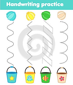 Put shells in bucket. handwriting practice sheet. Summer holidays activity for kids. Educational children game. Tracing for