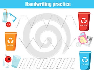 Put trash in bin. handwriting practice sheet. Educational children game. Preschool Tracing for toddlers. Waste sorting theme for