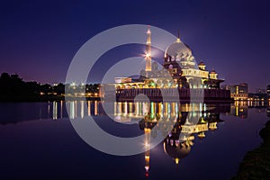 Putra mosque during blue hours sky, the most famous tourist attraction in Malaysia