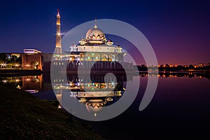 Putra mosque during blue hours sky, the most famous tourist attraction in Malaysia