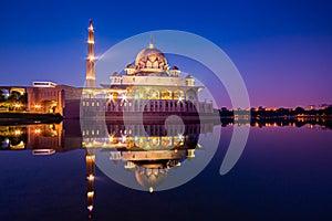 Putra mosque during blue hours sky, the most famous tourist attraction in Malaysia