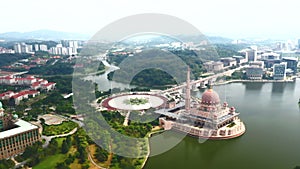 Putra Square And Putra Mosque With Perdana Putra Putrajaya Aerial Cinematic Reverse 4K Footage