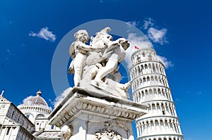 Putti Fountain, Pisa Cathedral Duomo Cattedrale and Leaning Tower Torre on Piazza del Miracoli square