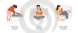 Putting baby to sleep isolated cartoon vector illustration set.