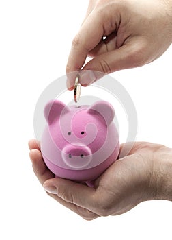 Putting coin into the piggy bank