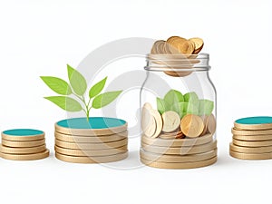 putting coins in jar on money stack step growing growth saving money