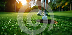 Putting a golf ball into a hole on the green of a golf course