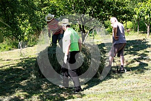 Putting the grass on the trailor. Farm chores, working on a field and raking the grass.