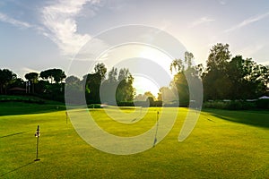 Putting green on golf course to practice the putter golf shot. Training area with many holes with flags