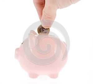 Putting one euro coin into piggy bank