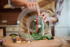 putting peeled fresh garlic in the glass jar with fresh chili peppers, cooking marinated food at home. Pickling. Canning
