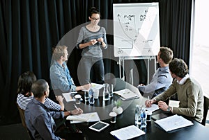 Putting their creative minds to work. Shot of a young woman giving a presentation on a whiteboard to colleagues sitting