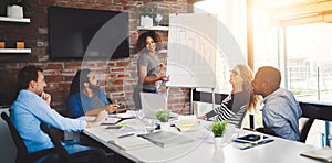 Putting their ideas into place. Cropped shot of a businesswoman giving a presentation to her colleagues in an office.