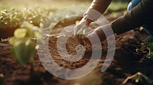 Putting vegetable sprouts in holes at garden bed. Gardening and planting organic vegetables. Generative AI