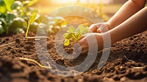 Putting vegetable sprouts in holes at garden bed. Gardening and planting organic vegetables. Generative AI