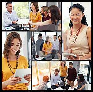 Putting in the work. Composite image of businesspeople in the office.