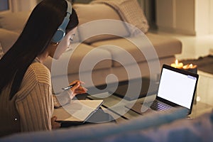 Putting the work in before exams. Cropped shot of an attractive young woman working late at night in her living room at