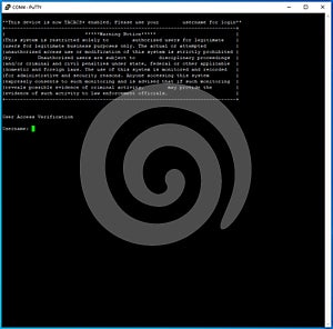 Putty SSH and Telnet client screen show the prompt for an IT engineer to logon, in order to configure th