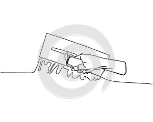 Puttying walls, leveling walls, Professional Rectangular Steel Trowel one line art. Continuous line drawing of repair