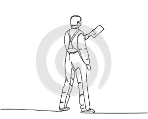 Puttying walls, leveling walls, worker in uniform, spatula, Steel Trowel, painter-plasterer one line art. Continuous