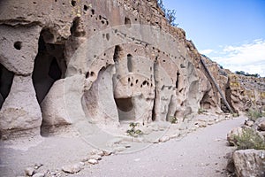 Puye Cliff Dwellings are caves and adobe ruins where ancient pueblo people, called Anasazi, lived in New Mexico