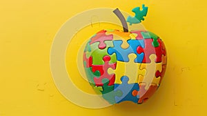 Puzzle apple with multicolored pieces on a yellow background. Autistic Pride Day