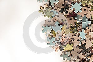 Puzzle. Background with half jigsaw puzzle and half white copy space for your text and design