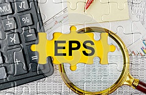 Puzzle with a calculator, magnifying glasses and financial documents in the center inscription - EPS