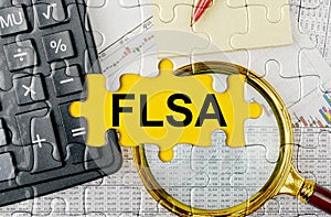 Puzzle with a calculator, magnifying glasses and financial documents in the center inscription - FLSA