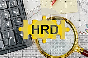 Puzzle with a calculator, magnifying glasses and financial documents in the center inscription -HRD