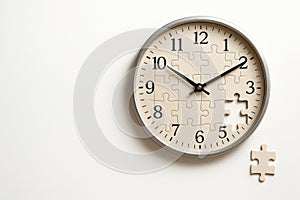 A puzzle clock with a missing piece. Space for text.