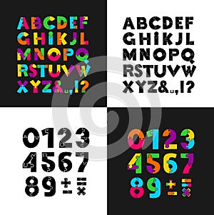 Puzzle colorful and black creative font. Flat design. Vector illustration. Isolated on black and white background