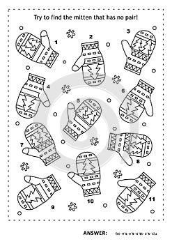 Puzzle and coloring page with mittens. Match the pairs. Spot the odd one out. Answer included.