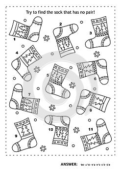 Puzzle and coloring page with socks. Match the pairs. Spot the odd one out. Answer included.