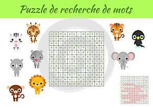 Puzzle de recherche de mots - Word search puzzle with pictures. Educational game for study French words. Kids activity worksheet