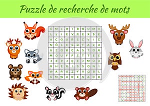 Puzzle de recherche de mots - Word search puzzle with pictures. Educational game for study French words. Kids activity worksheet