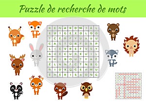 Puzzle de recherche de mots - Word search puzzle with pictures. Educational game for study French words. Kids activity worksheet photo