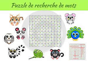 Puzzle de recherche de mots - Word search puzzle with pictures. Educational game for study French words. Kids activity worksheet