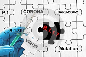 Puzzle with different Corona Virus Variants. Sars-cov-2, P.1, B.1.1.7, B.1.351 photo
