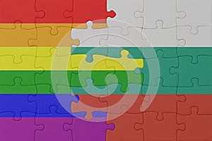 puzzle with the flag of rainbow gay pride and bulgaria . macro.concept